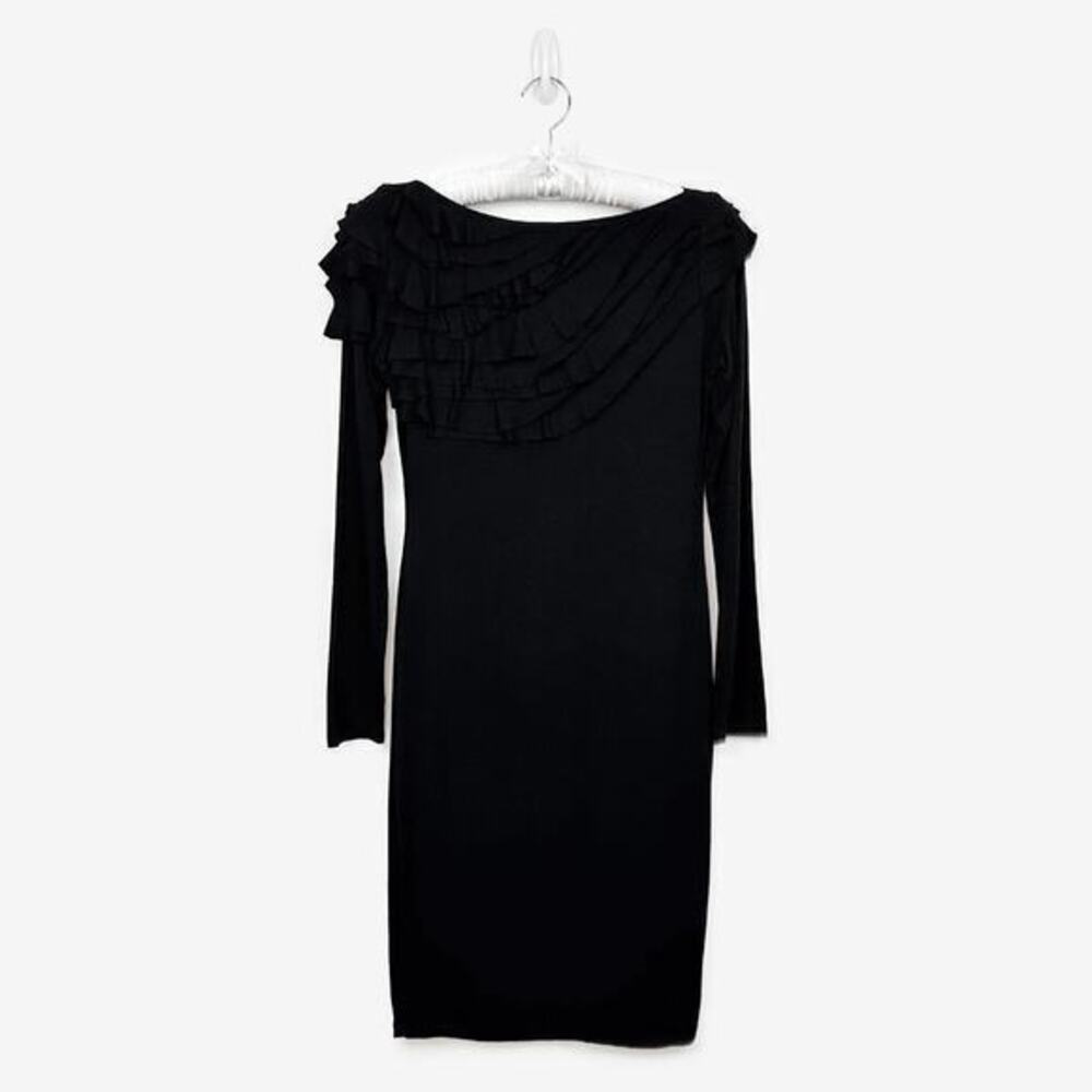 Isabel De Pedro Long Sleeve Ruffle Dress Size 12 Black Evening Noir Quiet Luxury